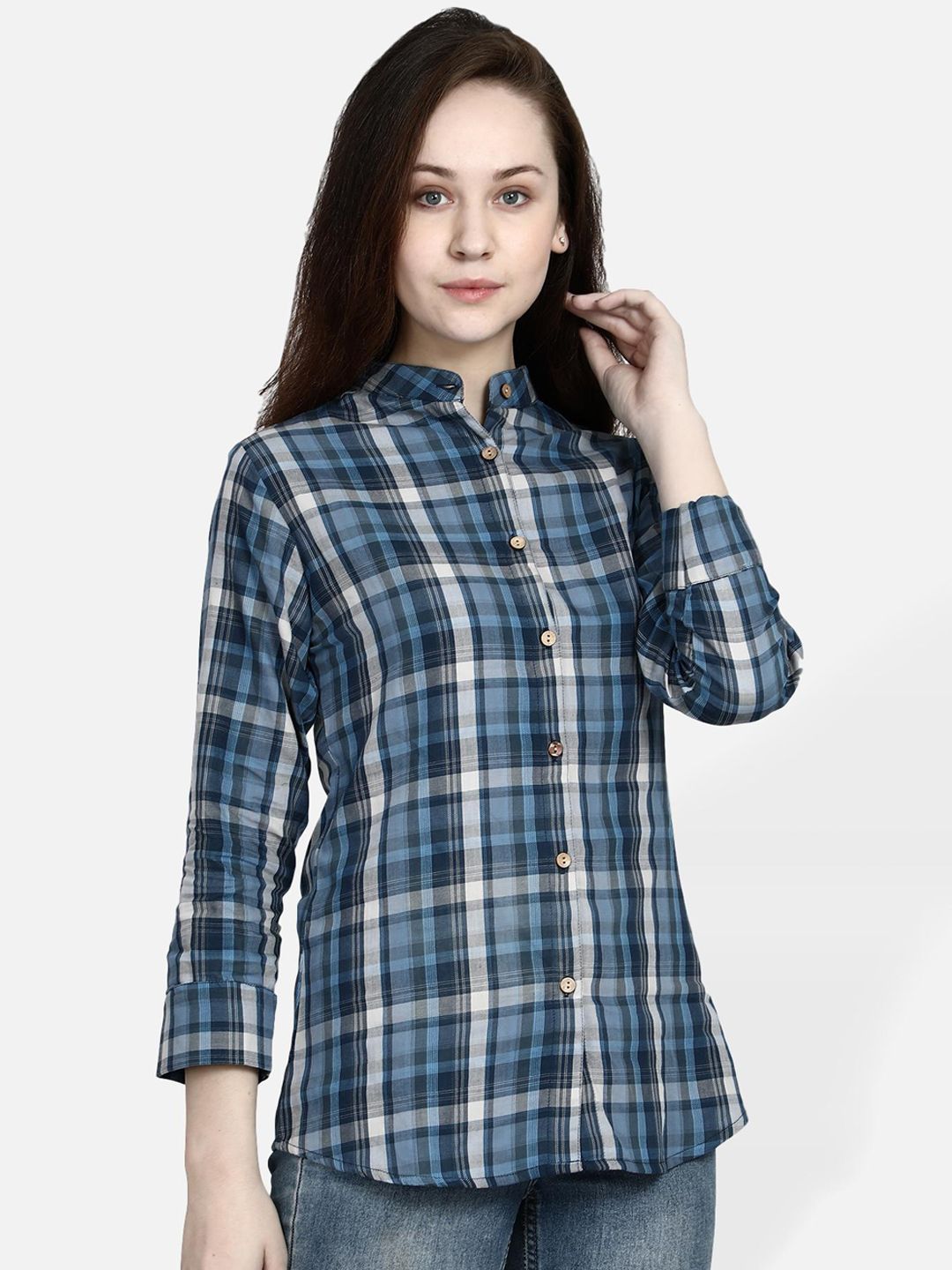 Molcha Women Blue & Grey Regular Fit Checked Casual Shirt