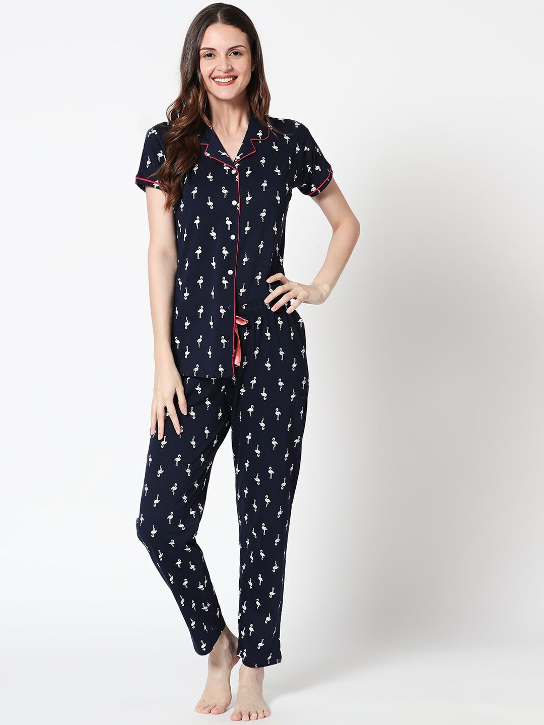 Zeyo Women Navy Blue & White Flamingo Printed Night suit Price in India