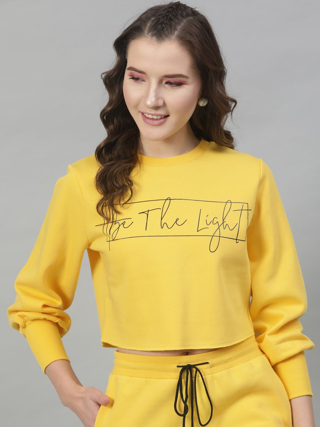 STREET 9 Women Yellow Printed Crop Sweatshirt Price in India
