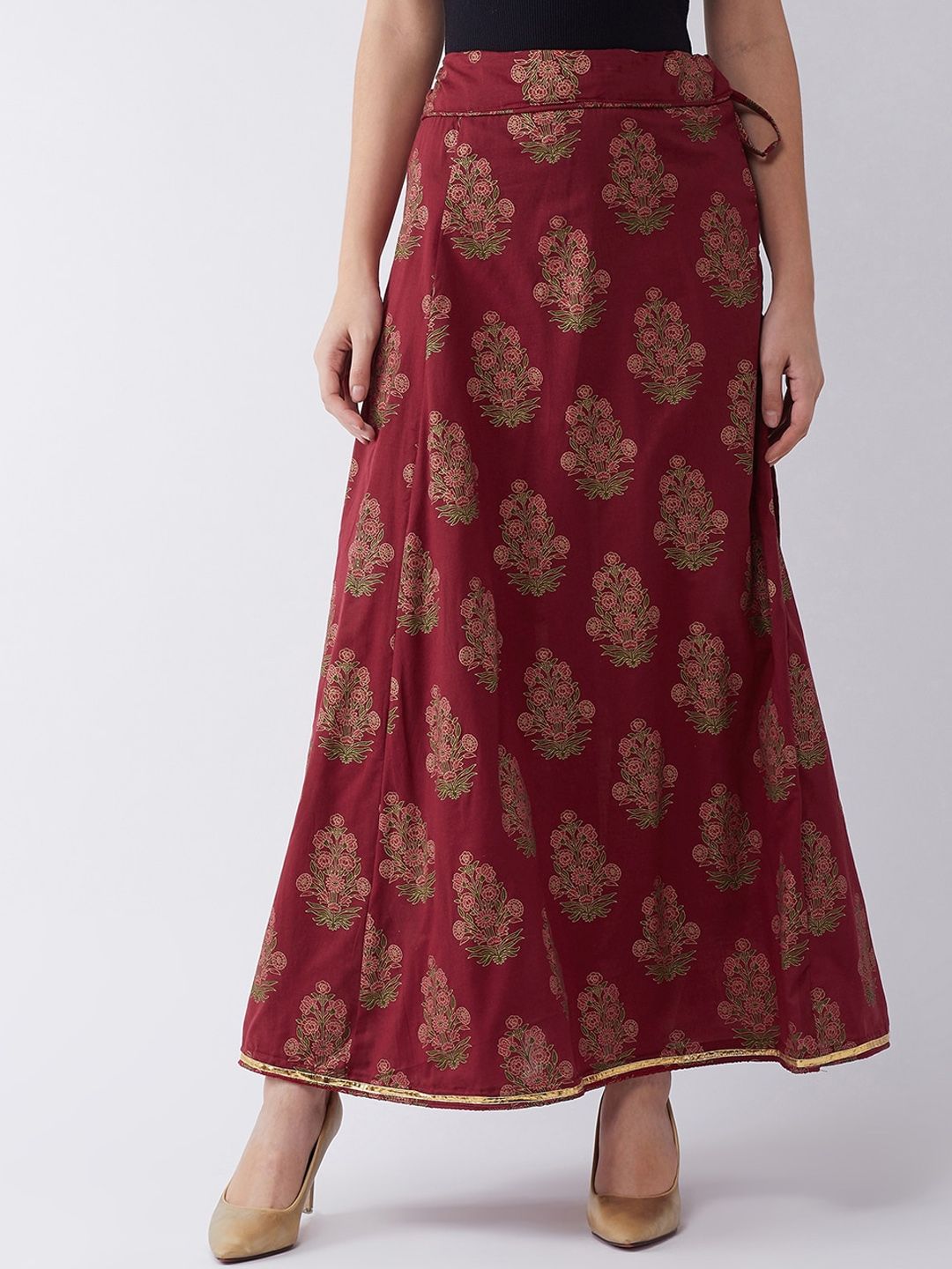 Maroon Women Maroon & Gold Boota Print Skirt