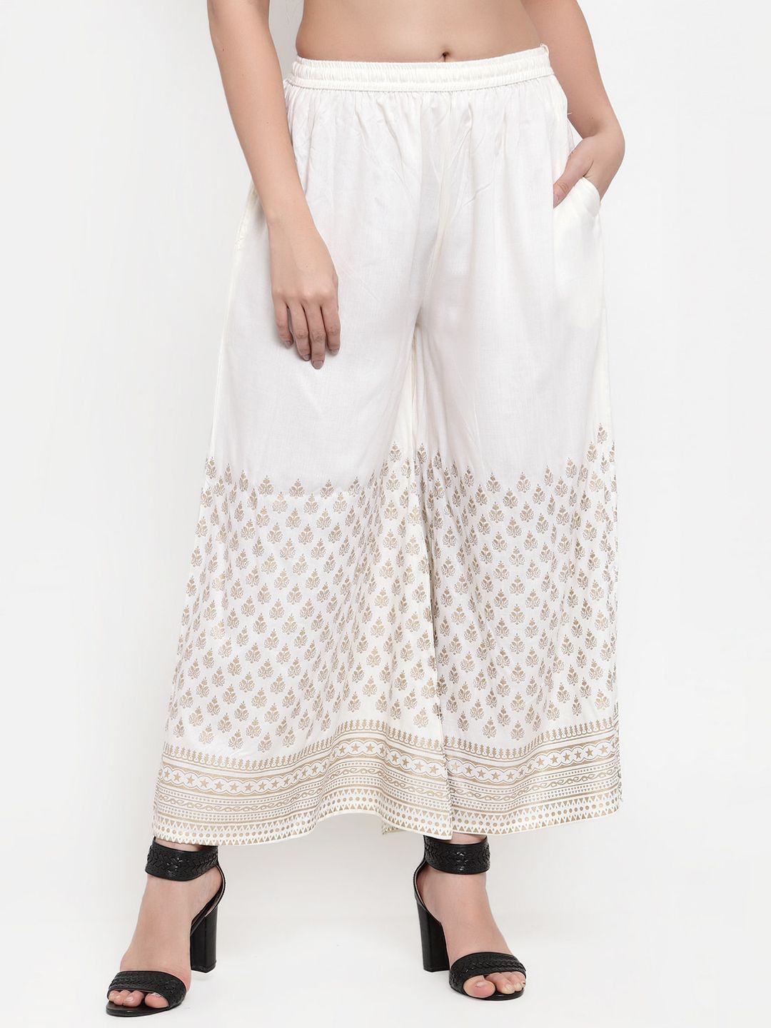 Miaz Lifestyle Women Off-White Printed Straight Palazzos Price in India