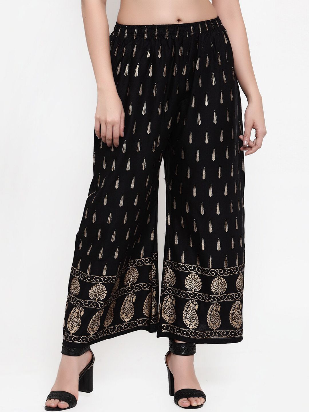 Miaz Lifestyle Women Black & Gold Printed Straight Palazzos Price in India