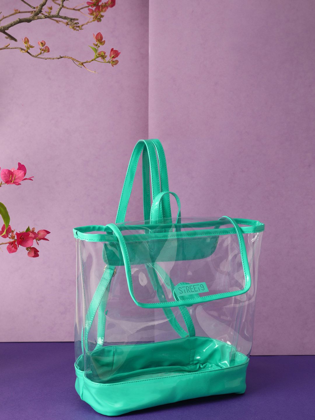 STREET 9 Women Transparent & Sea Green Solid Backpack Price in India