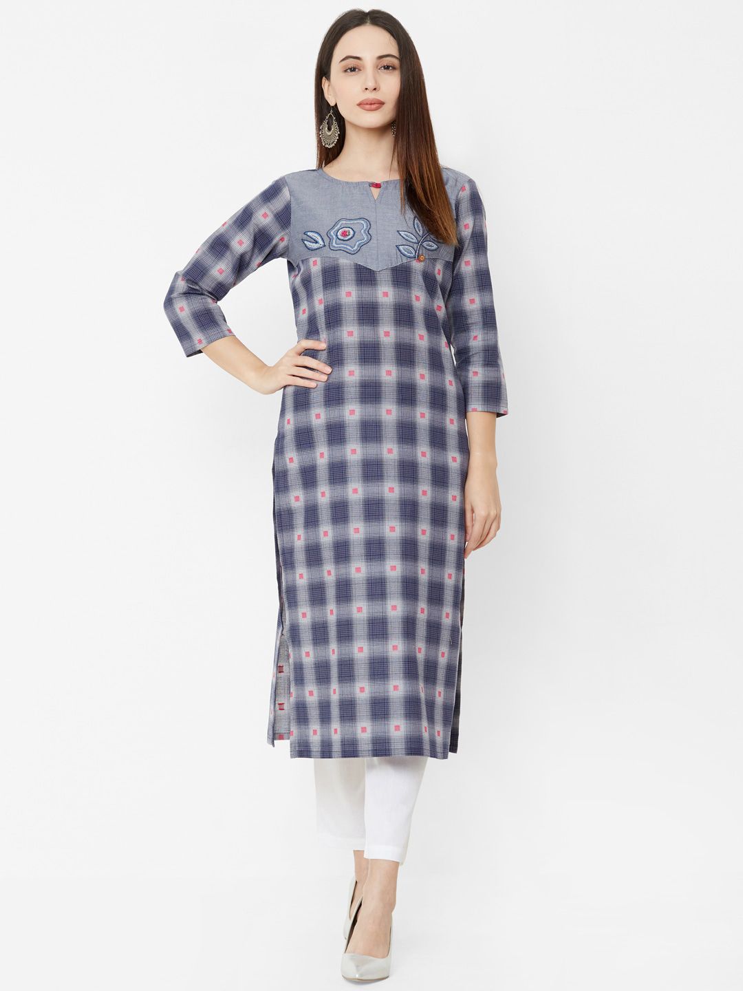 Os Women Grey & Navy Blue Checked Straight Kurta