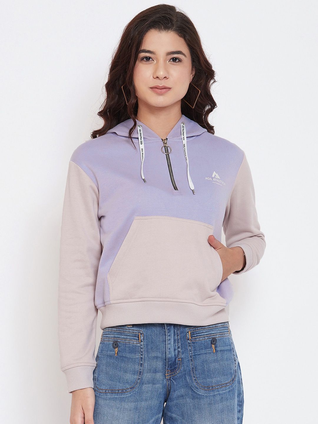 AGIL ATHLETICA Women Mauve & Lavender Colourblocked Hooded Sweatshirt Price in India