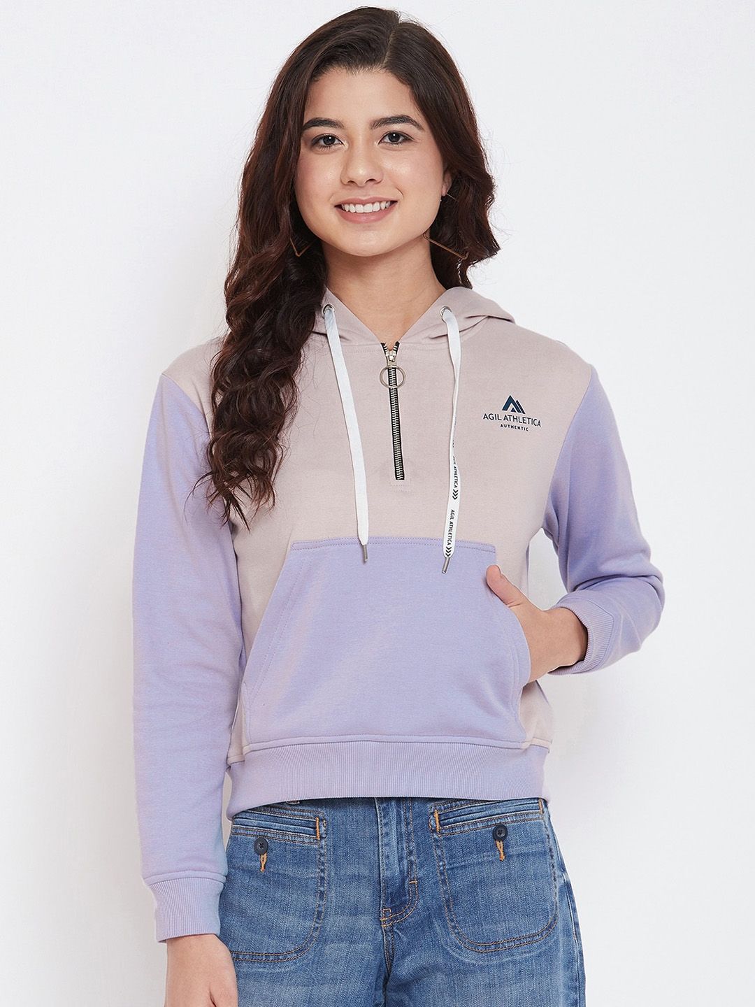 AGIL ATHLETICA Women Taupe & Mauve Colourblocked Hooded Sweatshirt Price in India