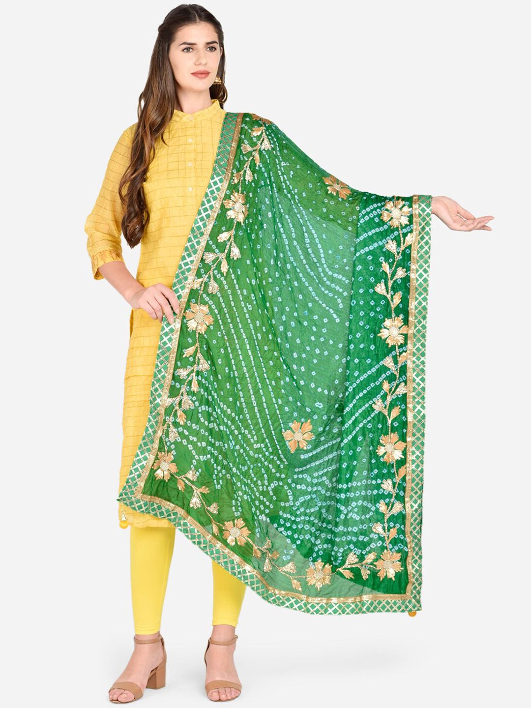 Dupatta Bazaar Green & White Bandhani Dyed Gotta Patti Dupatta Price in India