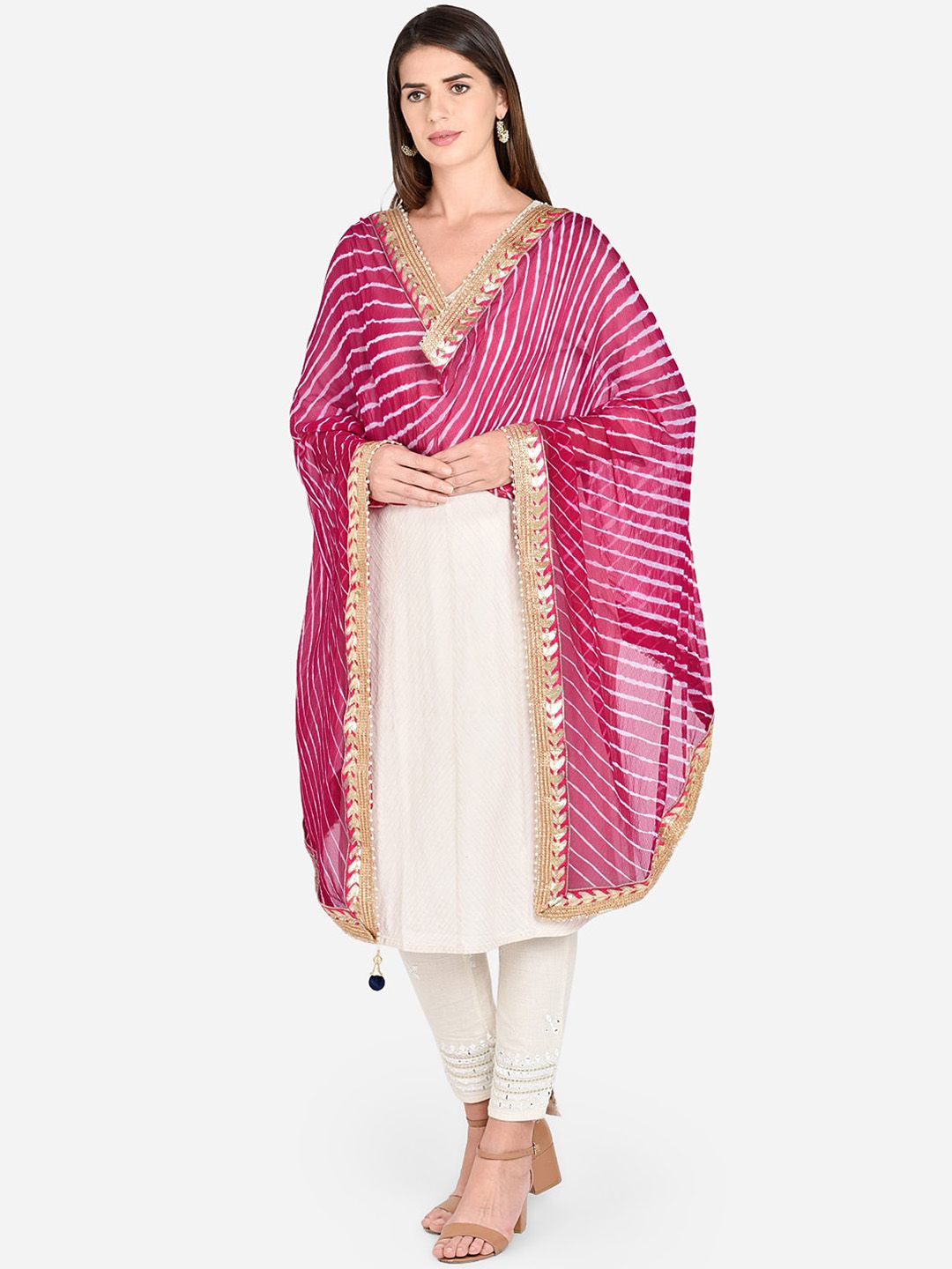 Dupatta Bazaar Women Pink & Off-White Striped Leheriya Dupatta Price in India