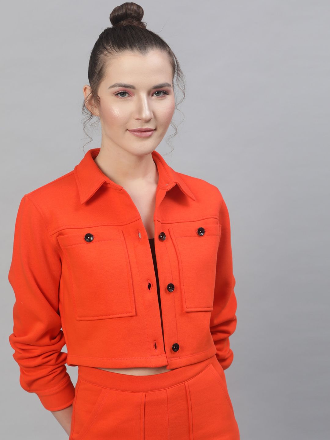 STREET 9 Women Orange Solid Lightweight Crop Tailored Jacket Price in India