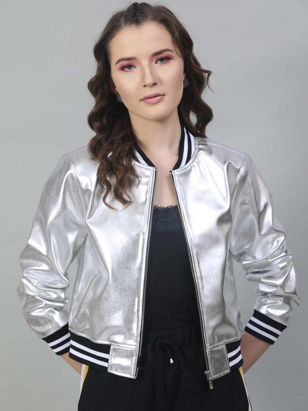 STREET 9 Women Silver-Toned Solid Bomber Price in India