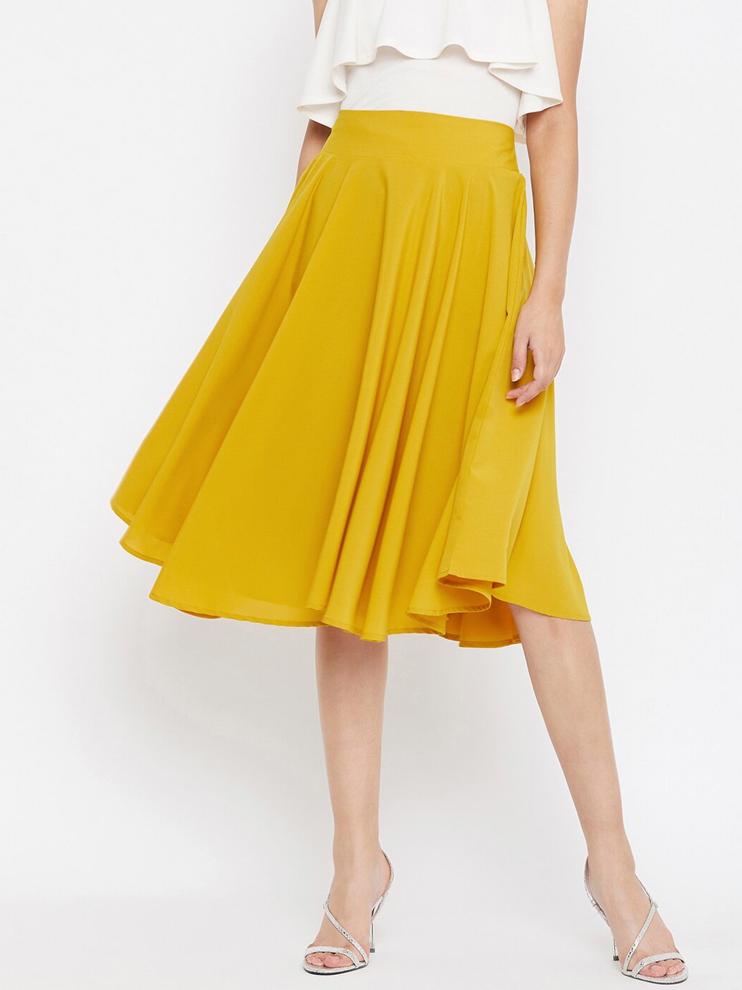 Berrylush Mustard Yellow Pleated Flared A-Line Skirt Price in India