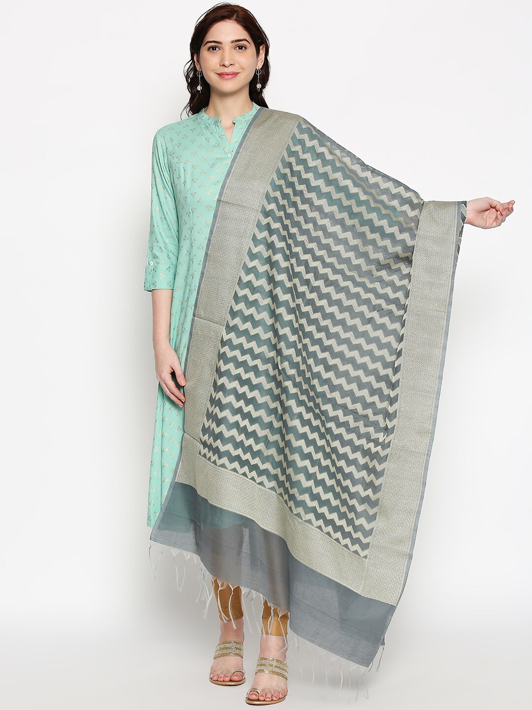 RANGMANCH BY PANTALOONS Women Grey & Gold-Colour Woven-Design Dupatta Price in India