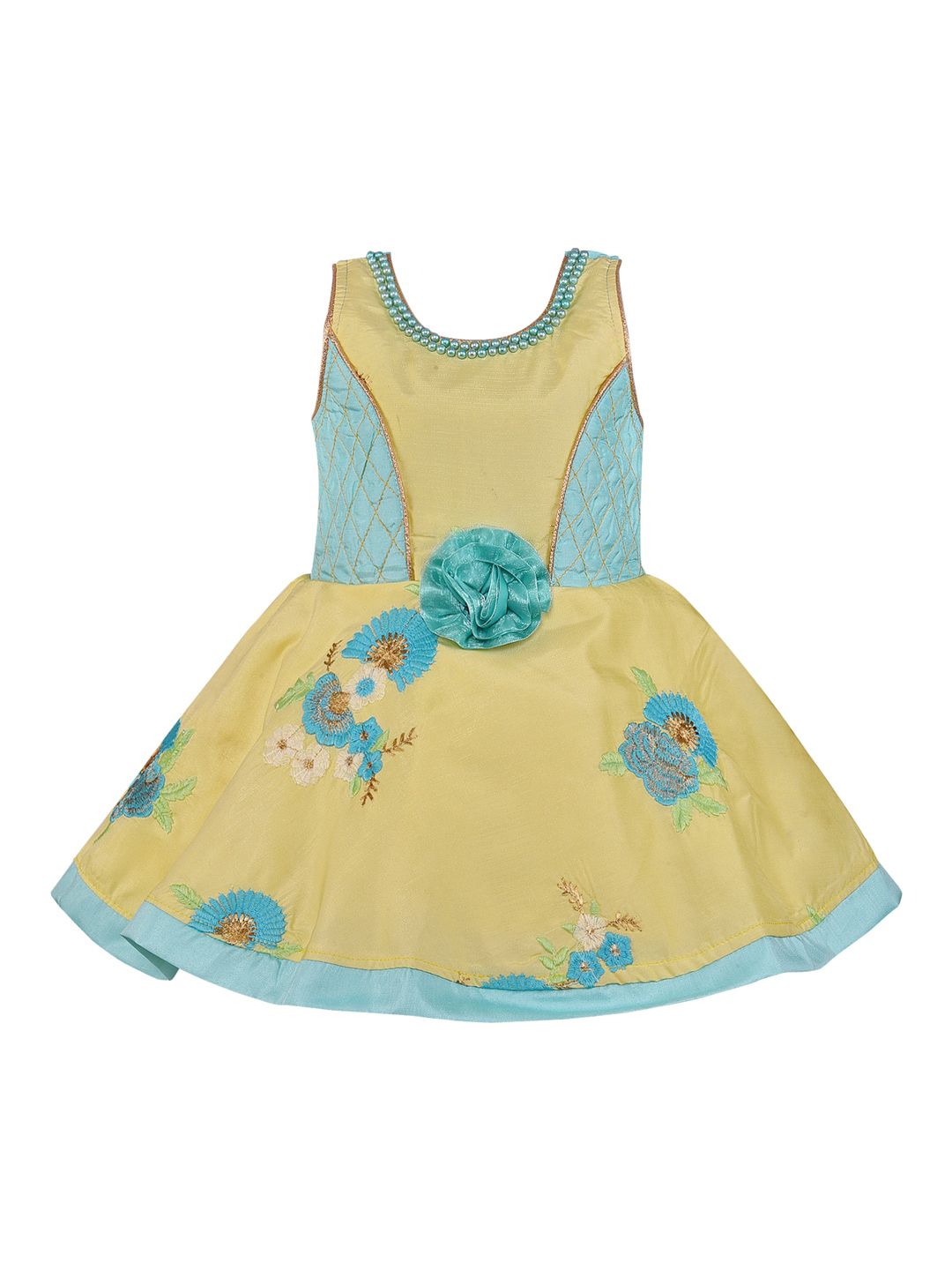 Wish Karo Girls Blue & Yellow Printed Fit and Flare Dress