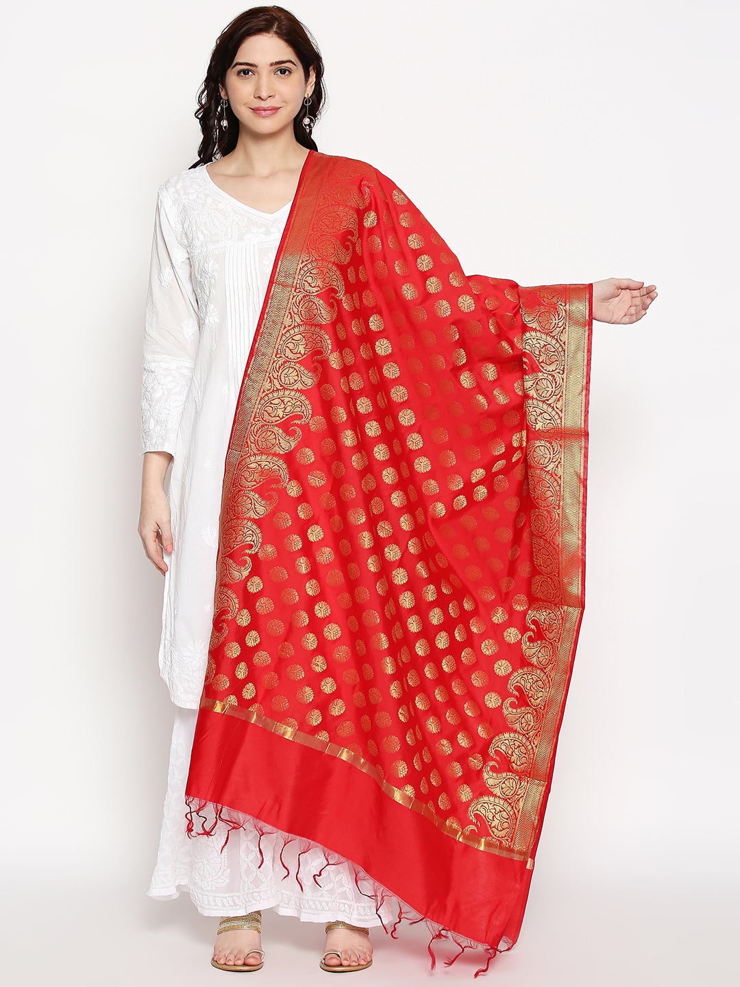 RANGMANCH BY PANTALOONS Women Red & Gold Foil Print Dupatta Price in India