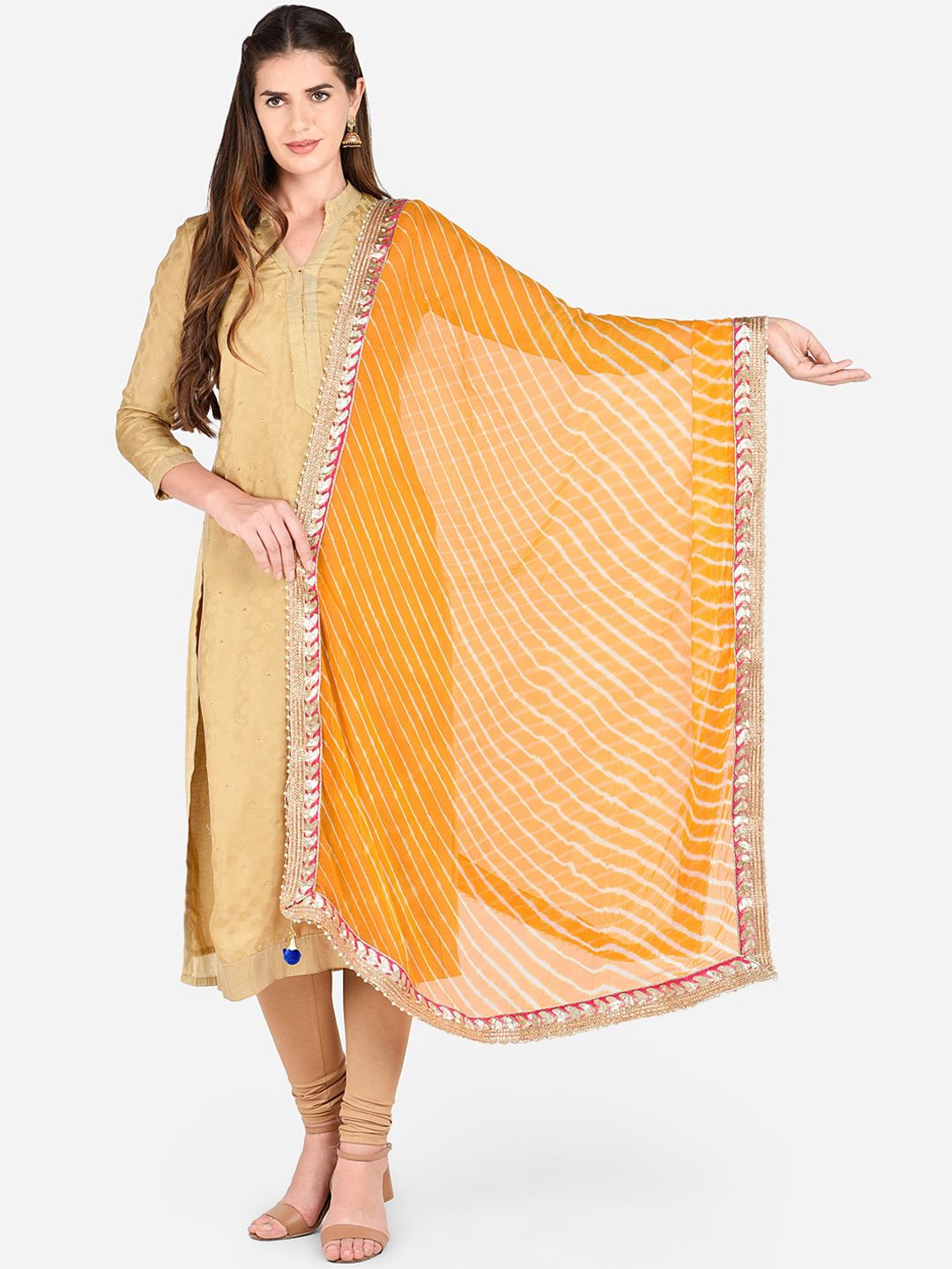 Dupatta Bazaar Women Yellow & White Leheriya Gotta Patti Dupatta Price in India