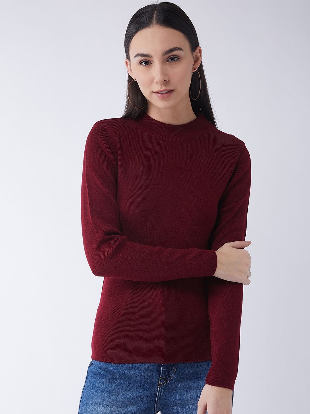 RVK Women Maroon Ribbed Pullover Sweater Price in India