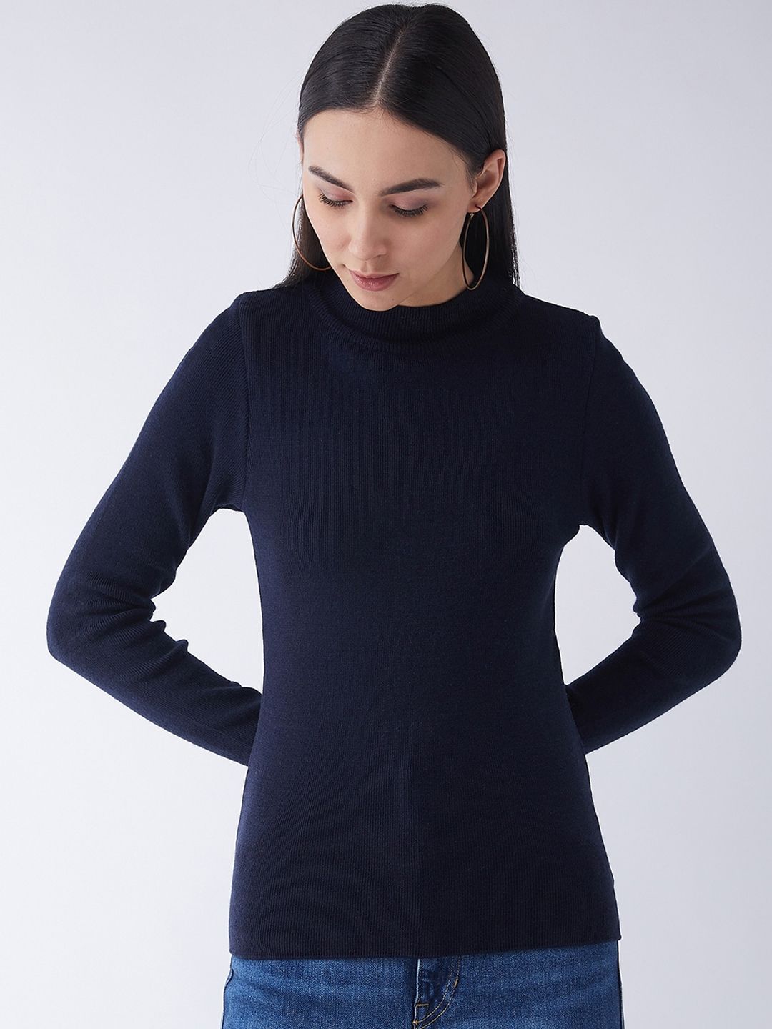 RVK Women Acrylic Navy Blue Ribbed Pullover Sweater Price in India