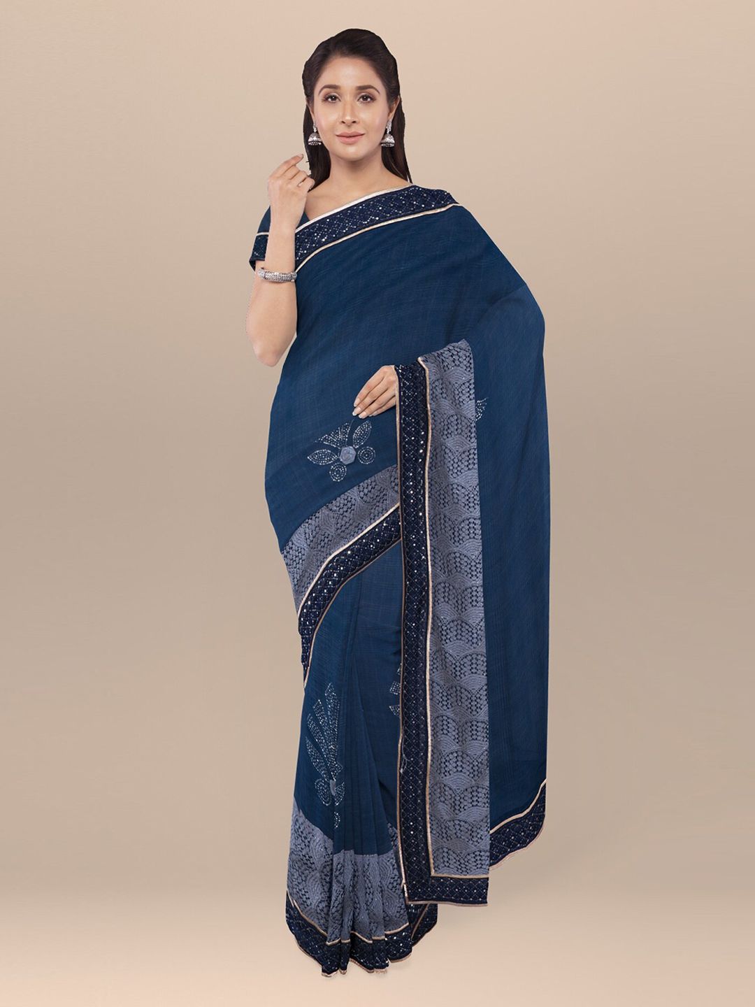 KLM Fashion Mall Navy Blue Printed Silk Blend Saree