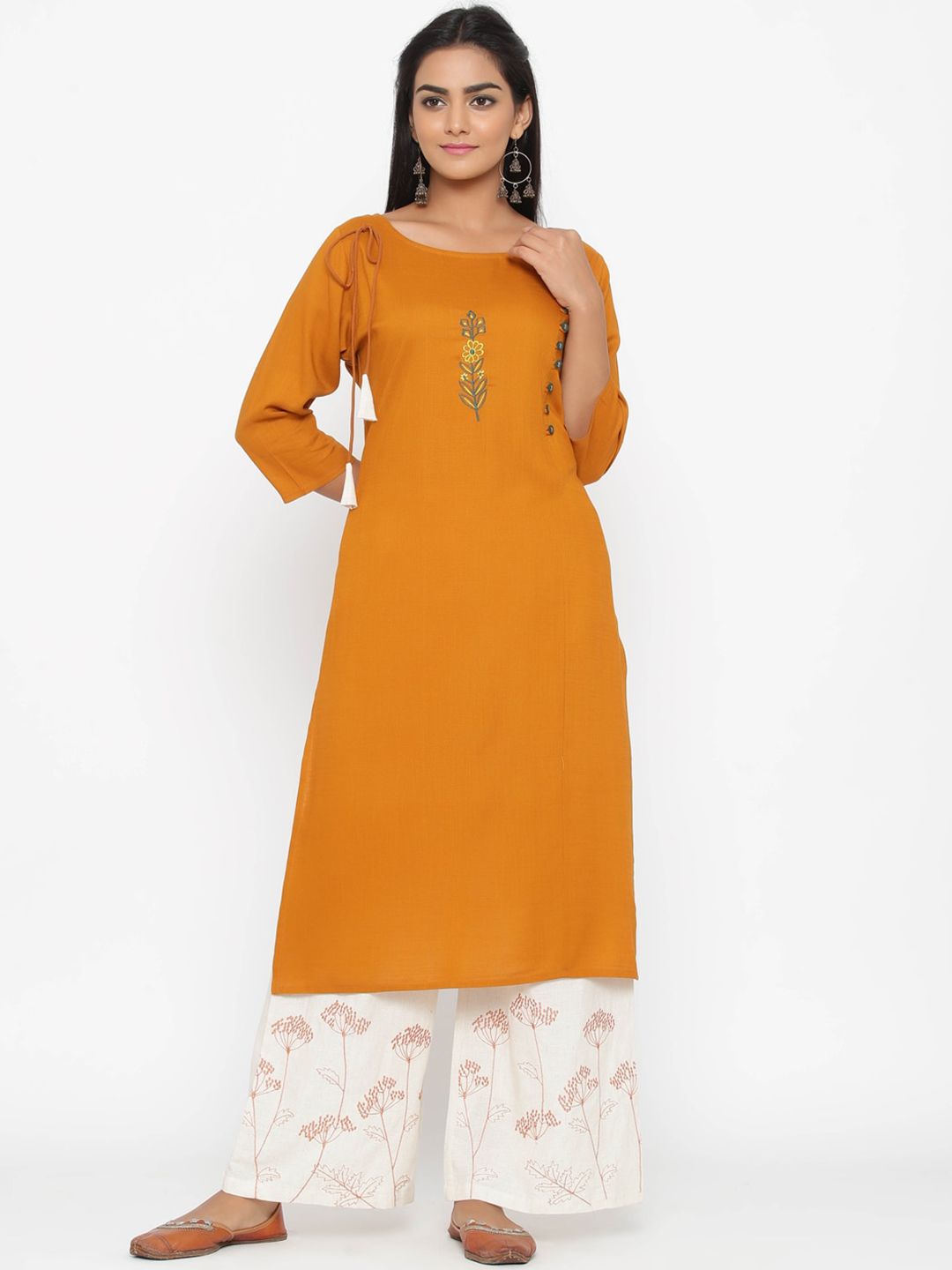 WomenMagic Women Mustard Yellow Embroidered Kurta with Palazzos