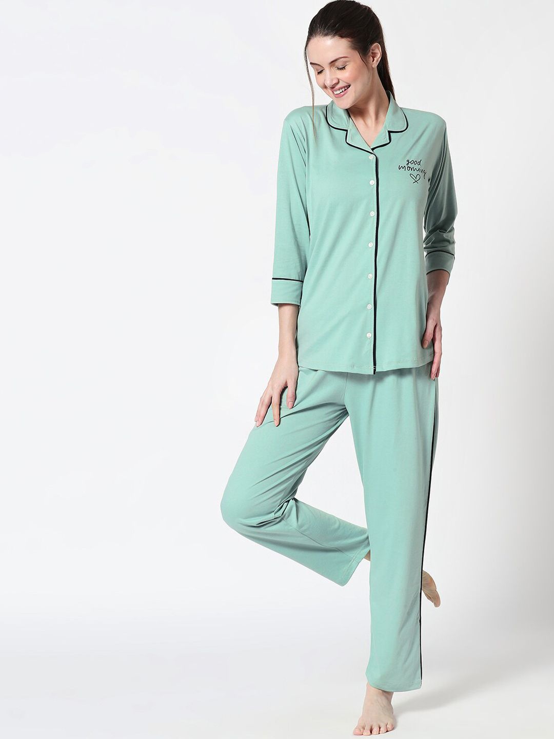 Zeyo Women Sea Green Solid Night suit Price in India