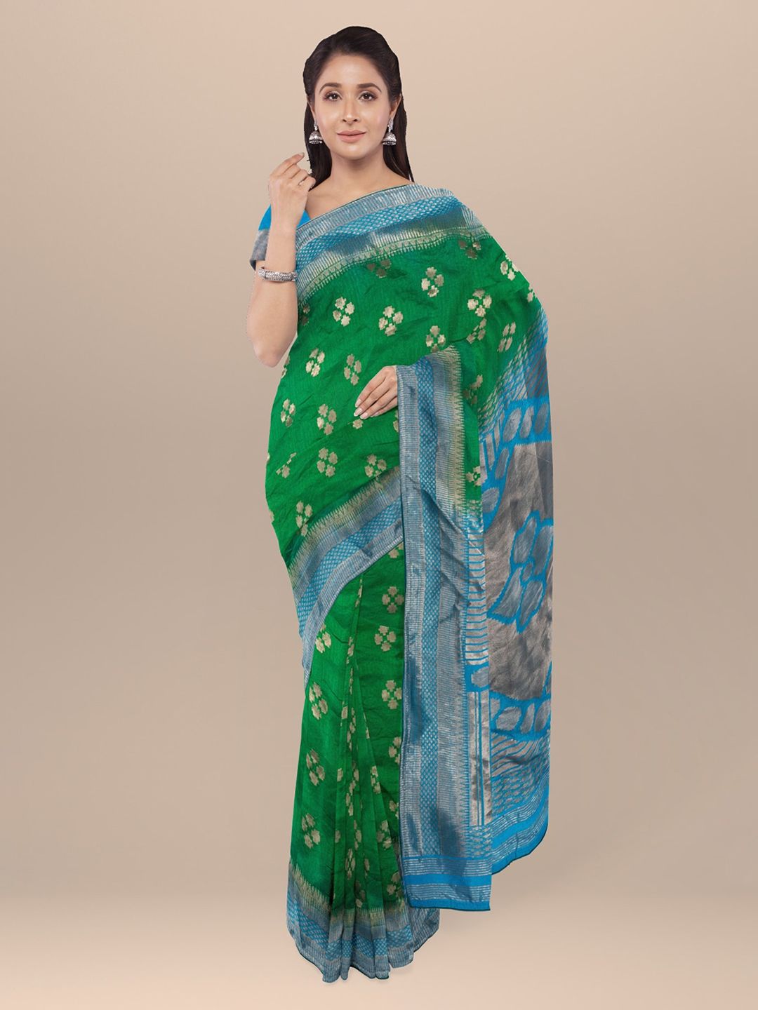 KLM Fashion Mall Green & Blue Silk Blend Woven Design Saree