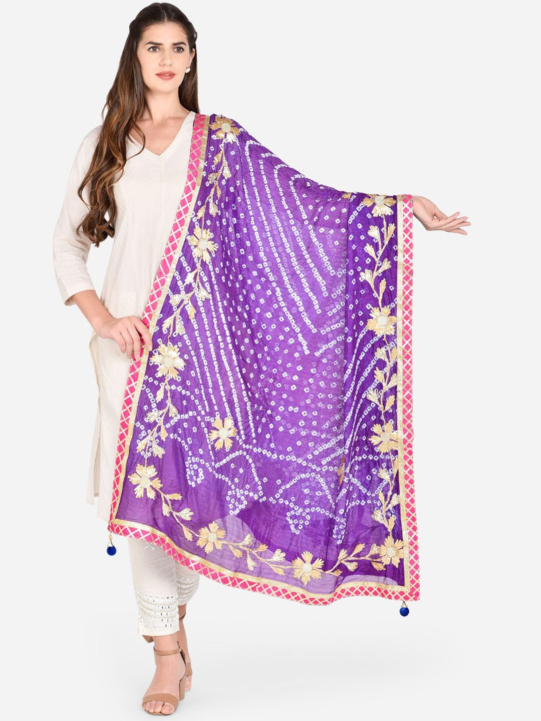 Dupatta Bazaar Women Purple & White Embroidered Pure Silk Dupatta Price in India