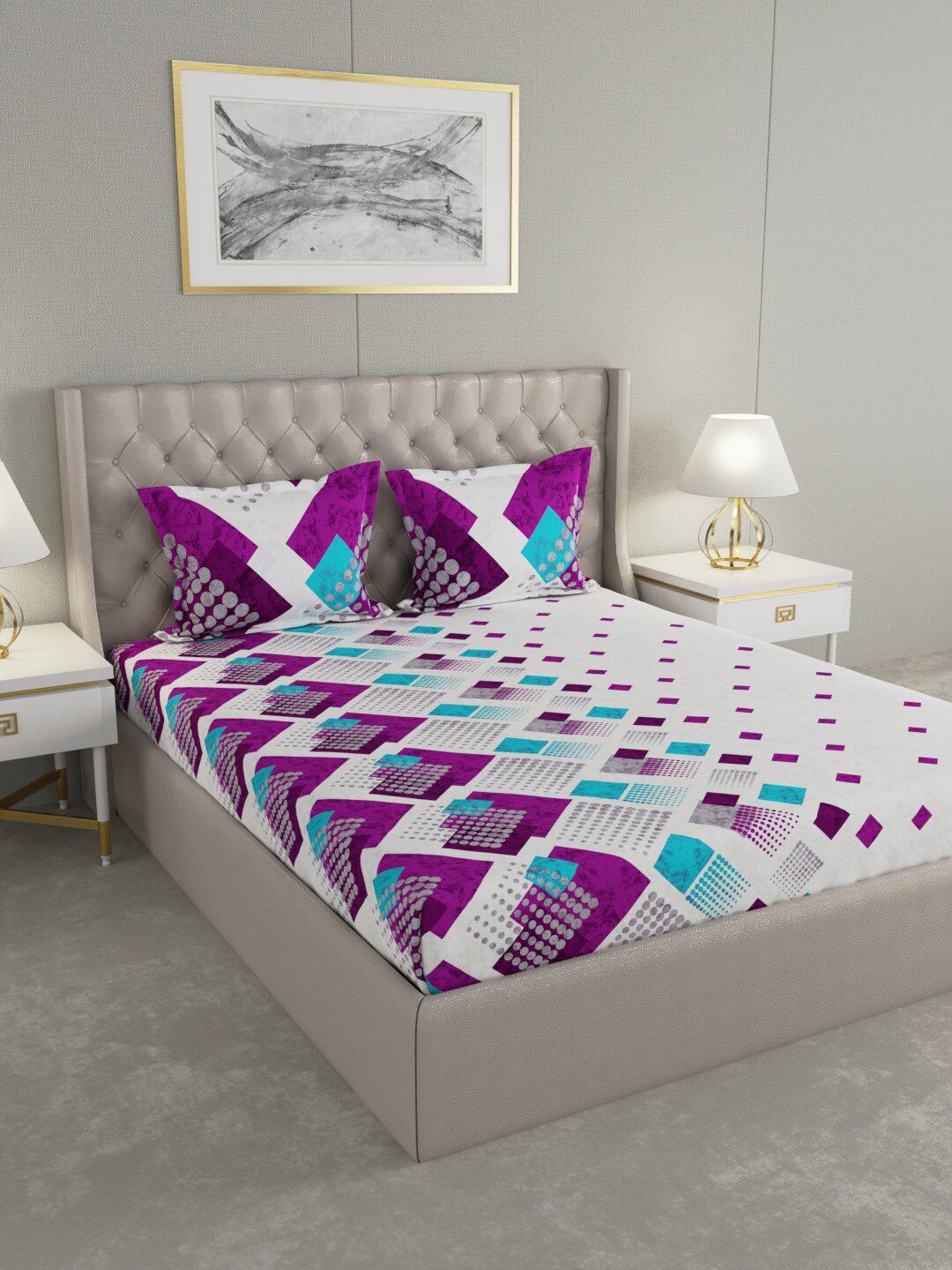 Raymond Home White & Purple Abstract Printed 144 TC Double King Bedsheet with 2 Pillow Covers Price in India