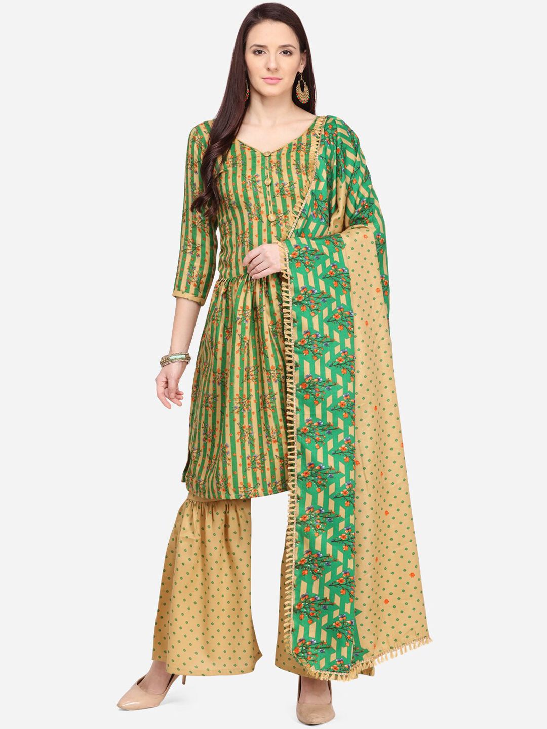 SHAVYA Green & Beige Pure Cotton Unstitched Dress Material Price in India