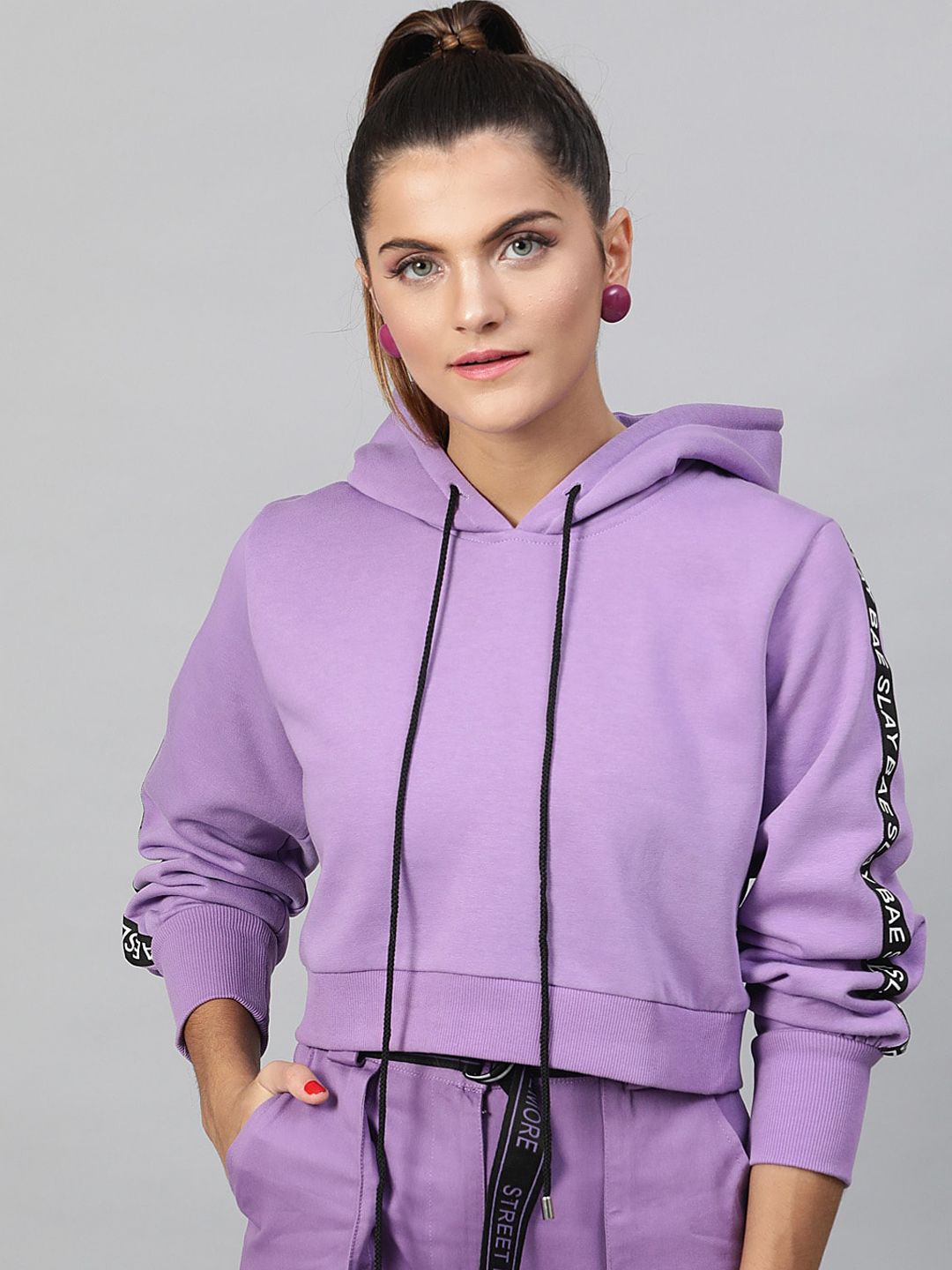 STREET 9 Women Lavender Solid Hooded Crop Sweatshirt Price in India