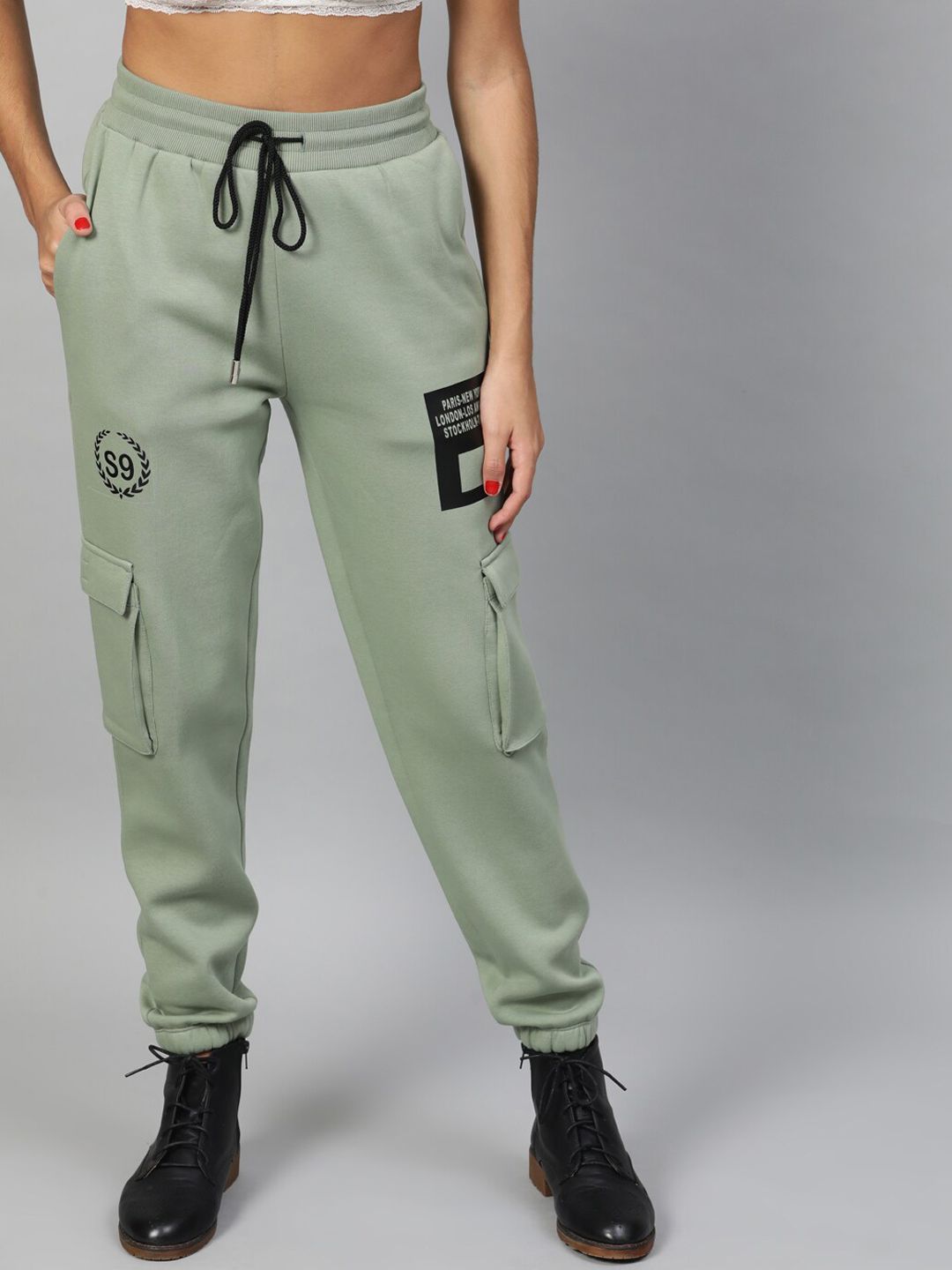 STREET 9 Women Green Solid Cargo Joggers Price in India