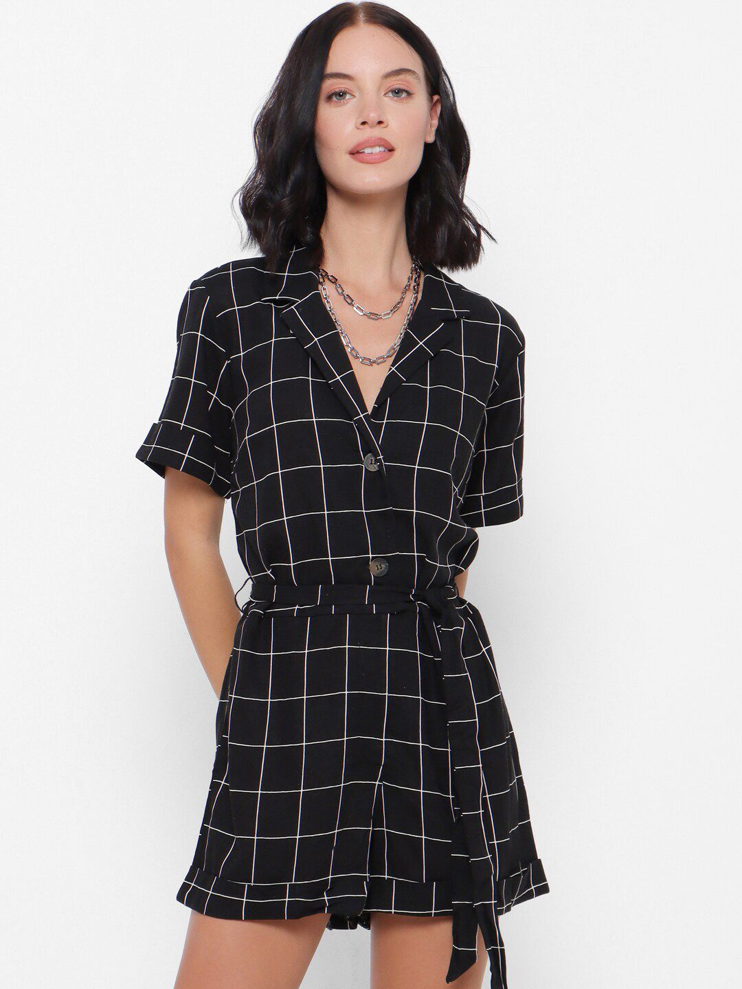 FOREVER 21 Women Black Checked Playsuit Price in India