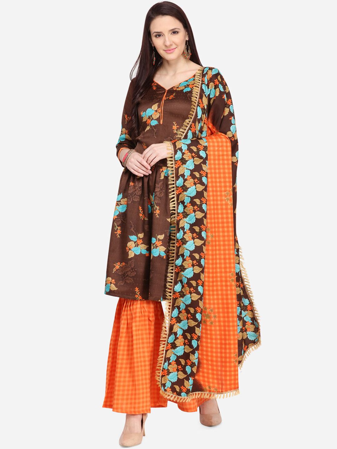 SHAVYA Brown & Orange Pure Cotton Unstitched Dress Material Price in India