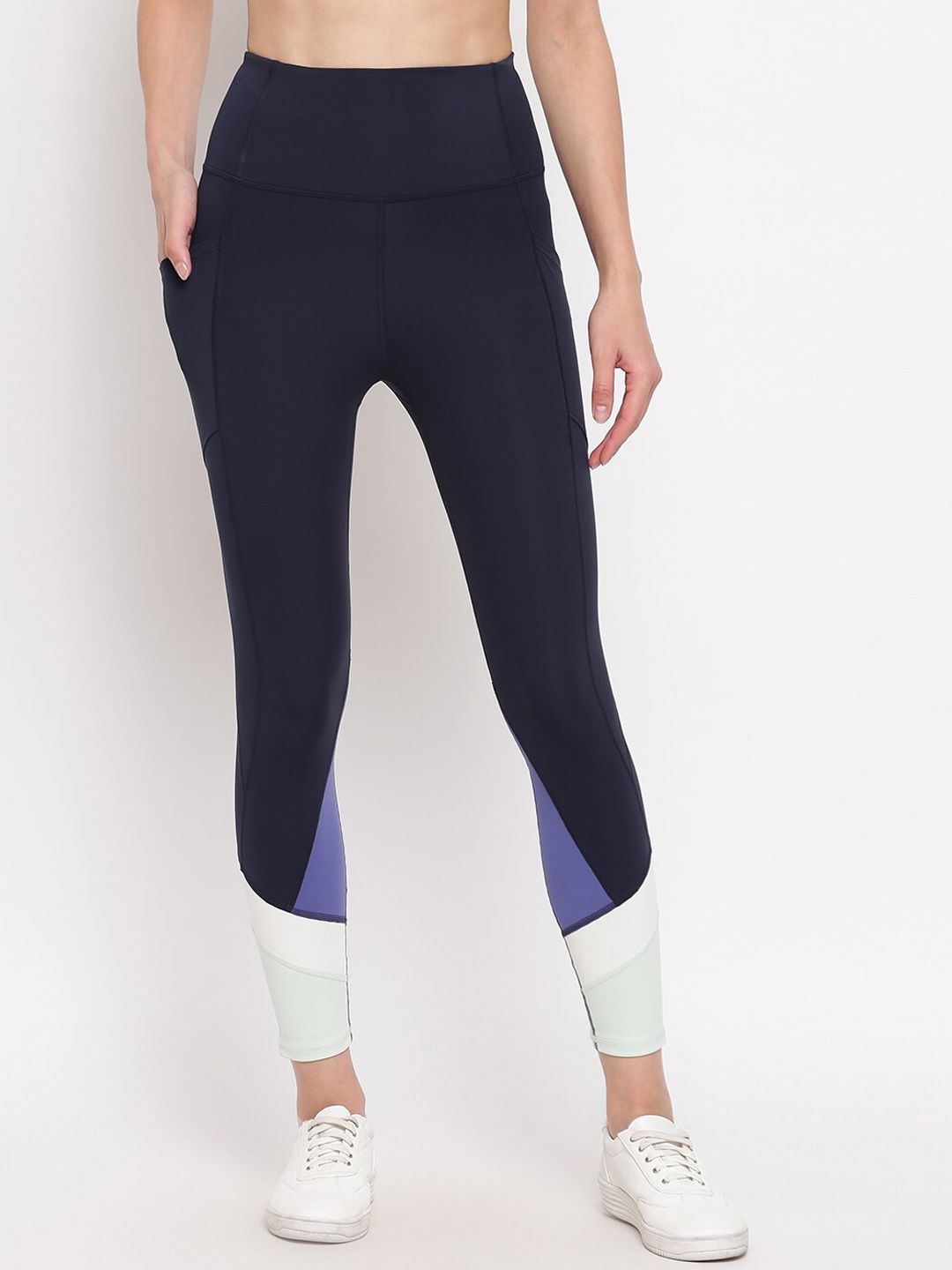 Enamor Women Athleisure Navy Blue & White Hugged Fit Gym Training Leggings Tights Price in India