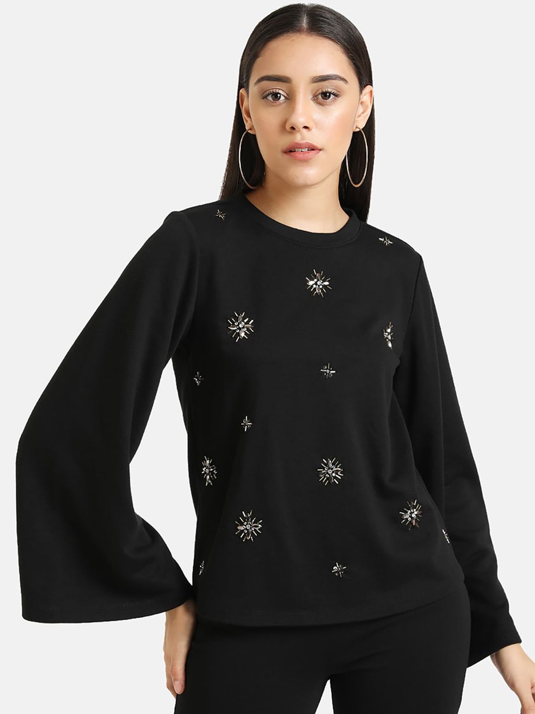 Kazo Women Black Embellished Round Neck Pullover Sweater Price in India
