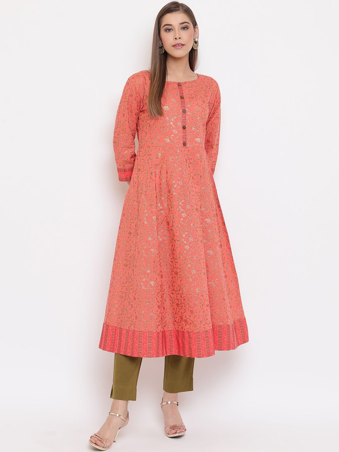 Janasya Women Peach-Coloured Woven Design Anarkali Kurta