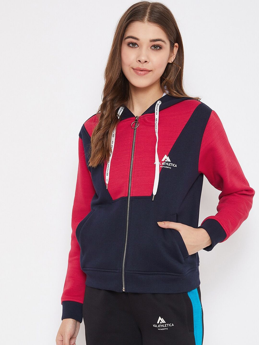 AGIL ATHLETICA Women Navy Blue & Red Colourblocked Lightweight Sporty Jacket Price in India