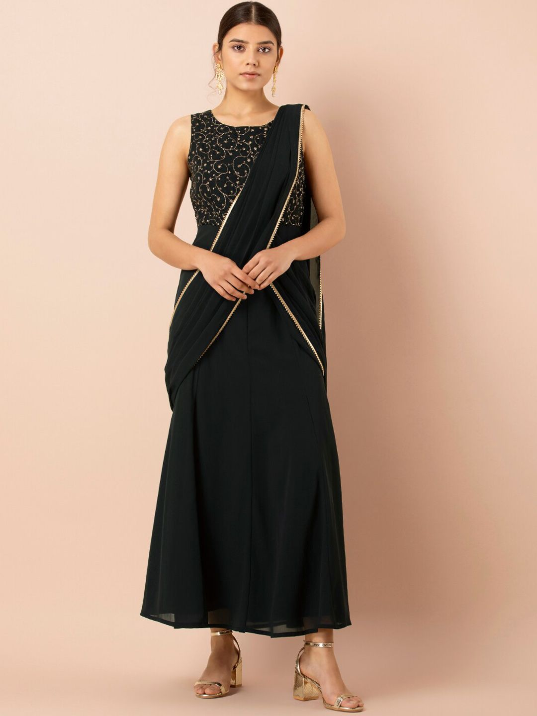 INDYA Black Embroidered Fish Cut Kalidar Kurta with Attached Dupatta Price in India