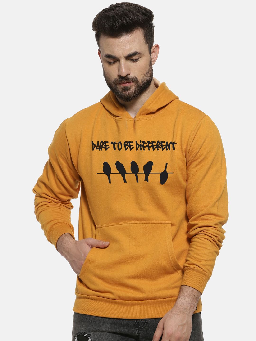 CAHOOT Men Mustard Yellow Printed Hooded Sweatshirt