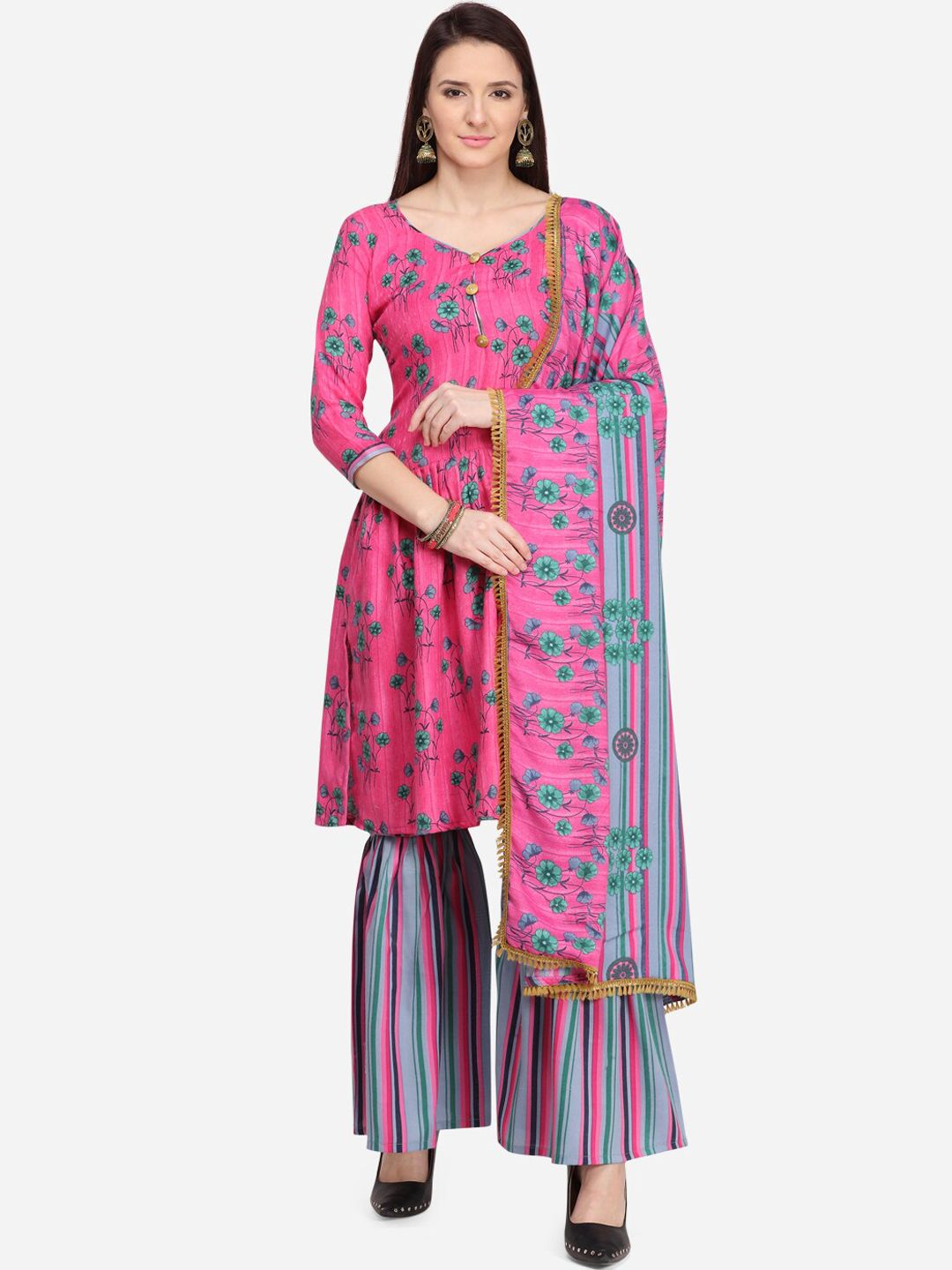 SHAVYA Pink & Blue Pure Cotton Unstitched Dress Material Price in India