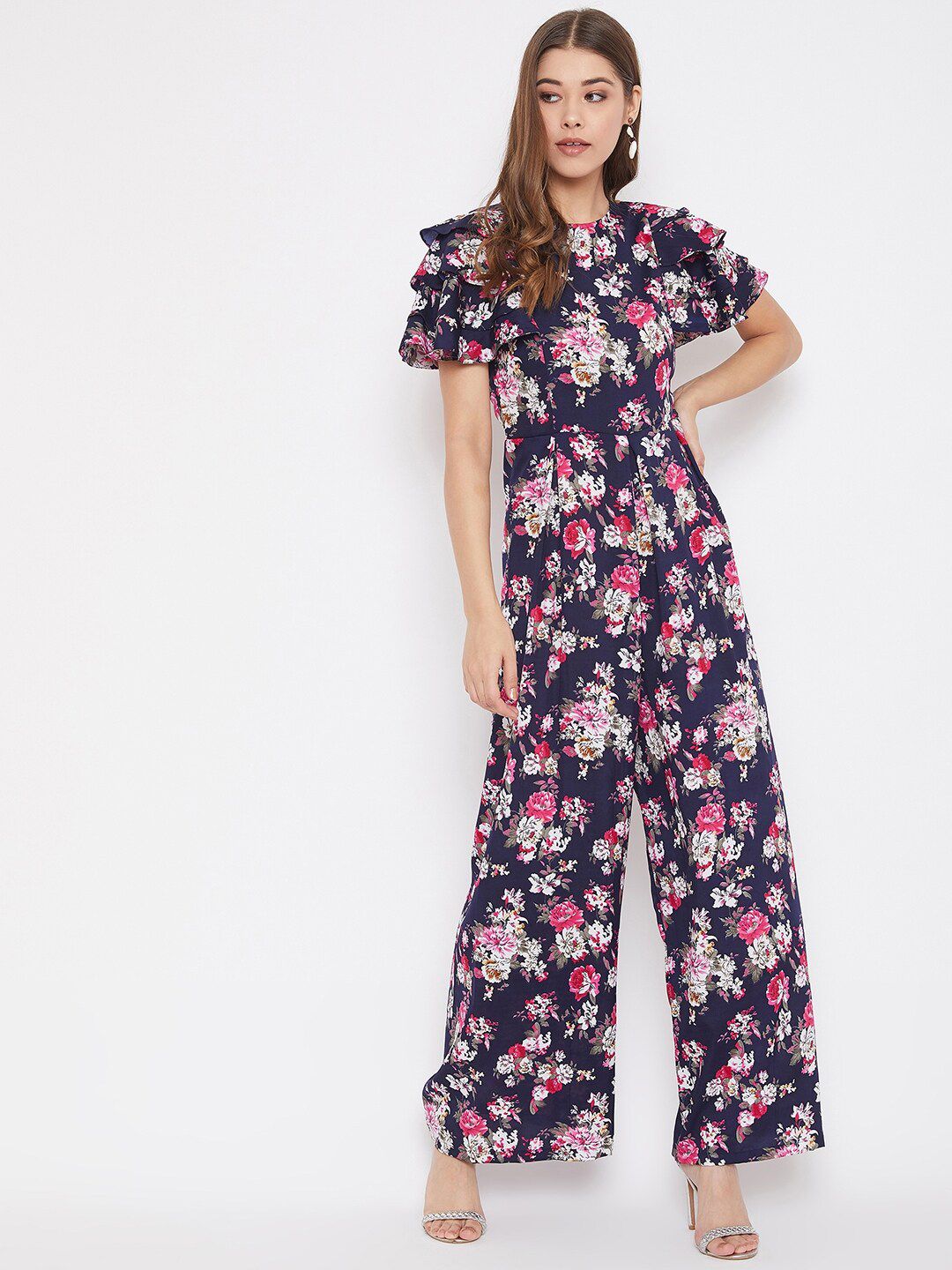 Uptownie Lite Women Blue & Pink Printed Relaxed Fit Basic Ruffle Jumpsuit Price in India