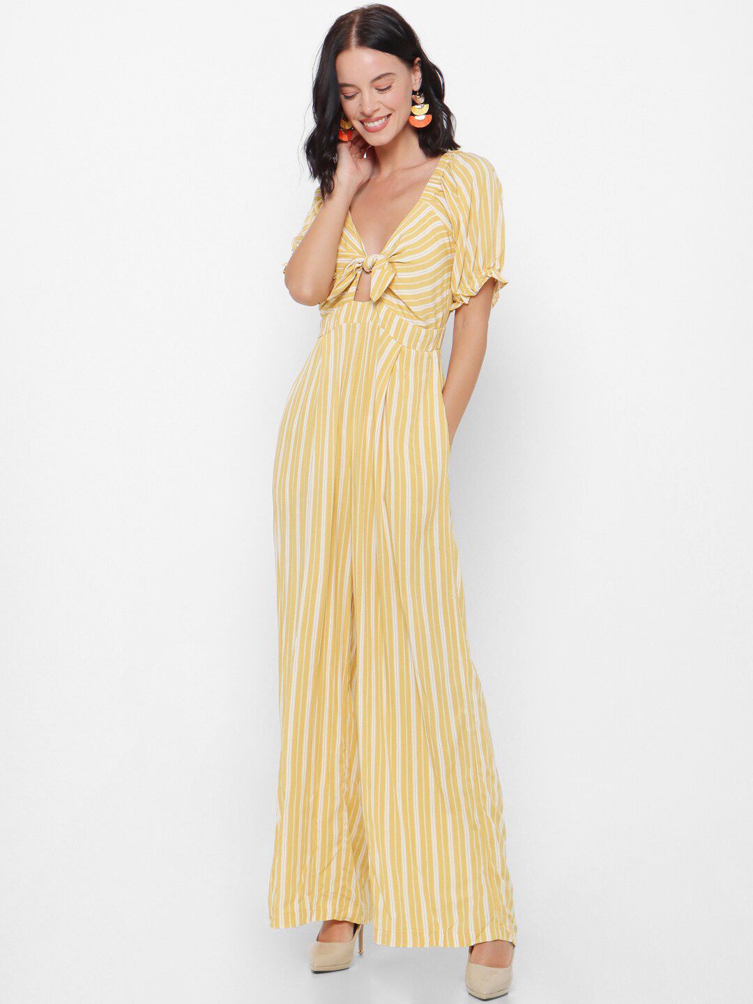FOREVER 21 Women Yellow Striped Knotted Jumpsuit Price in India