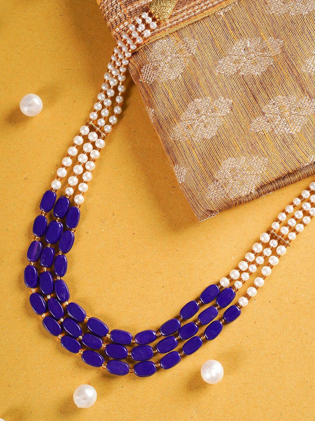 Shoshaa Gold-Plated Blue & White Beaded Multi-Stranded Handcrafted Necklace Price in India