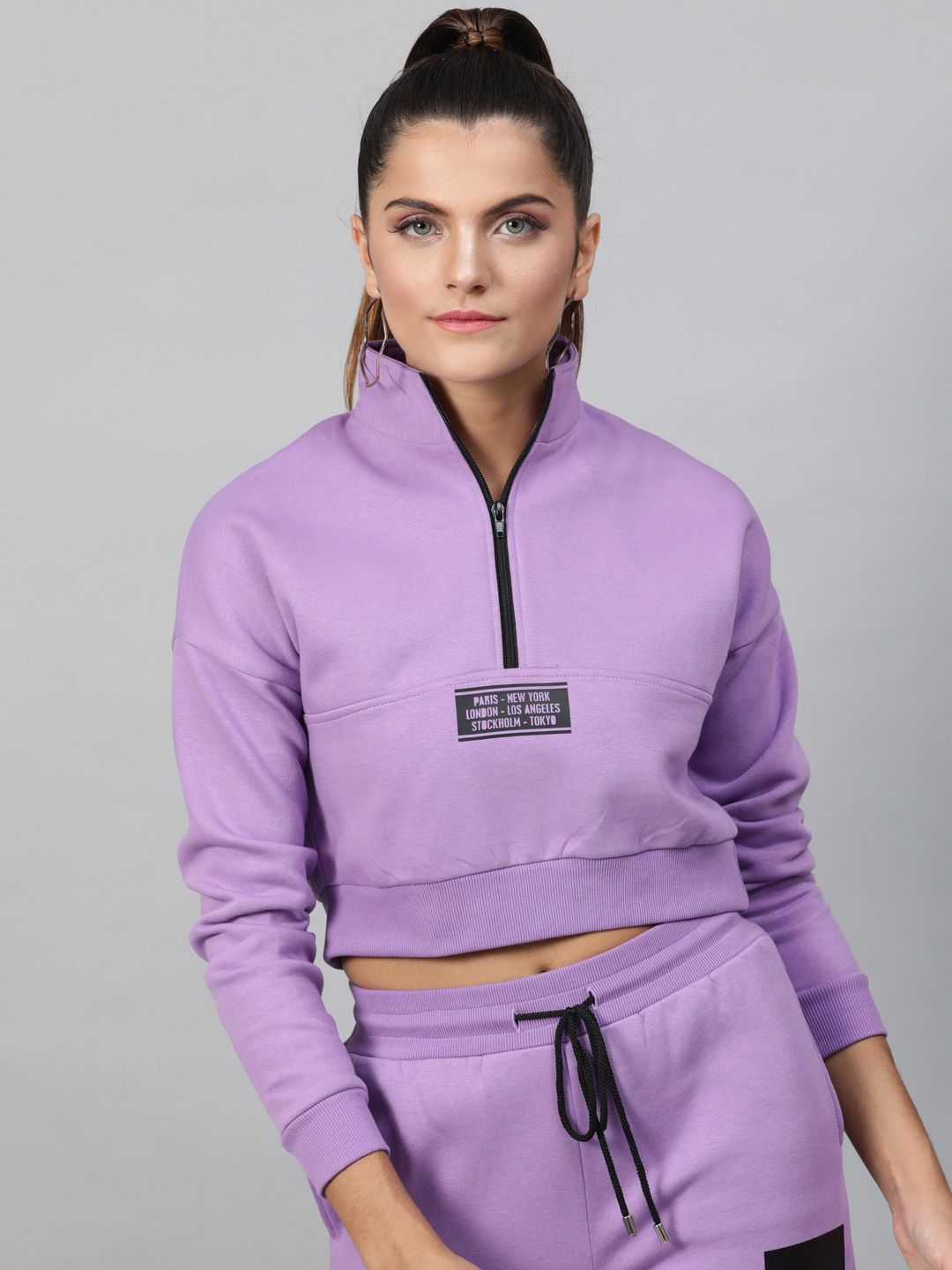 STREET 9 Women Lavender Solid Crop Sweatshirt Price in India