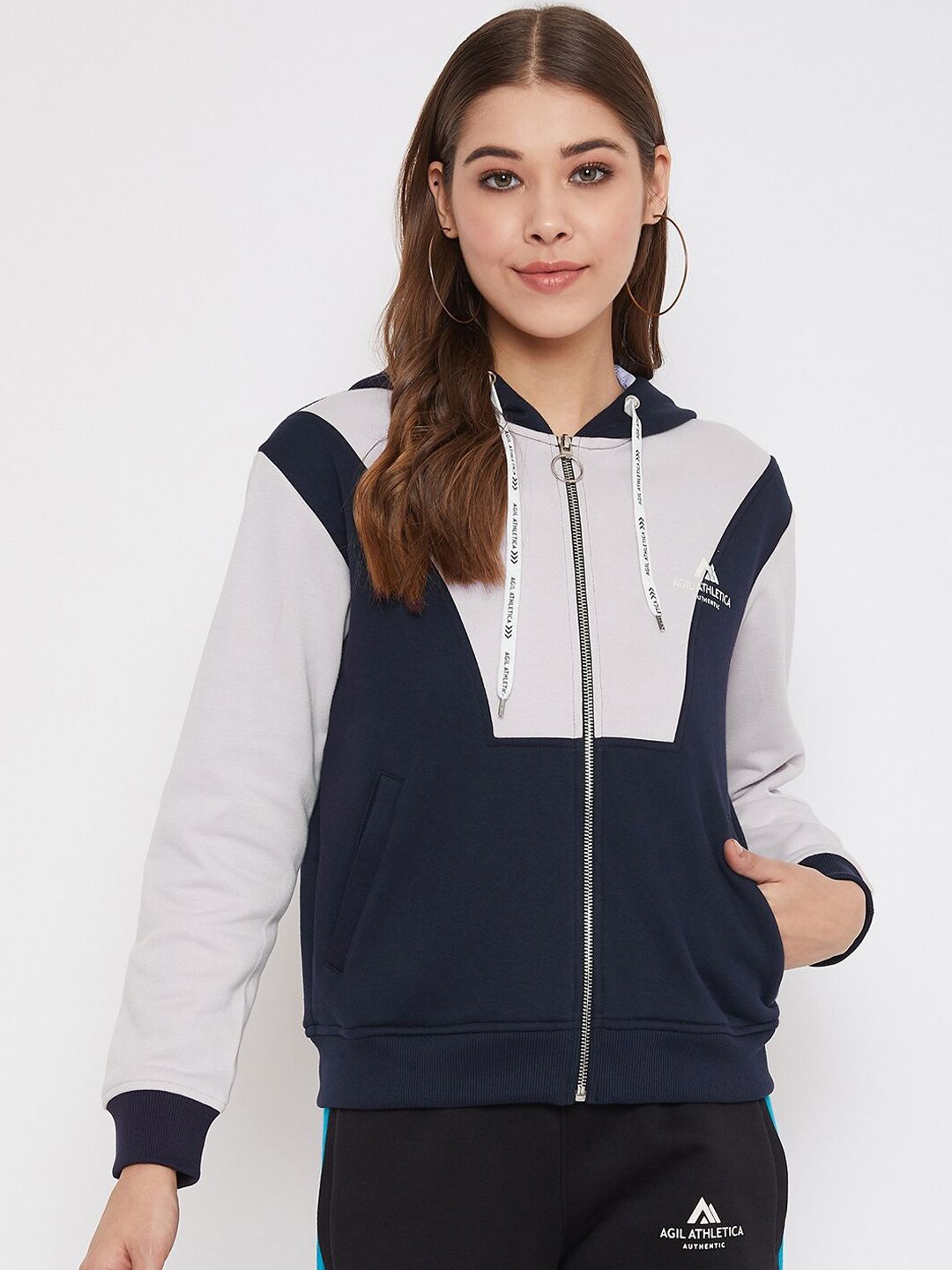 AGIL ATHLETICA Women Navy Blue & Grey Colourblocked Hooded Sweatshirt Price in India