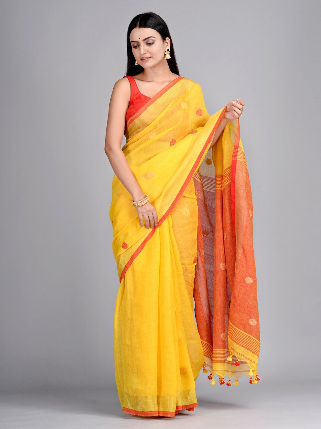 Mitera Yellow & Orange Pure Linen Woven Design Taant Saree Price in India