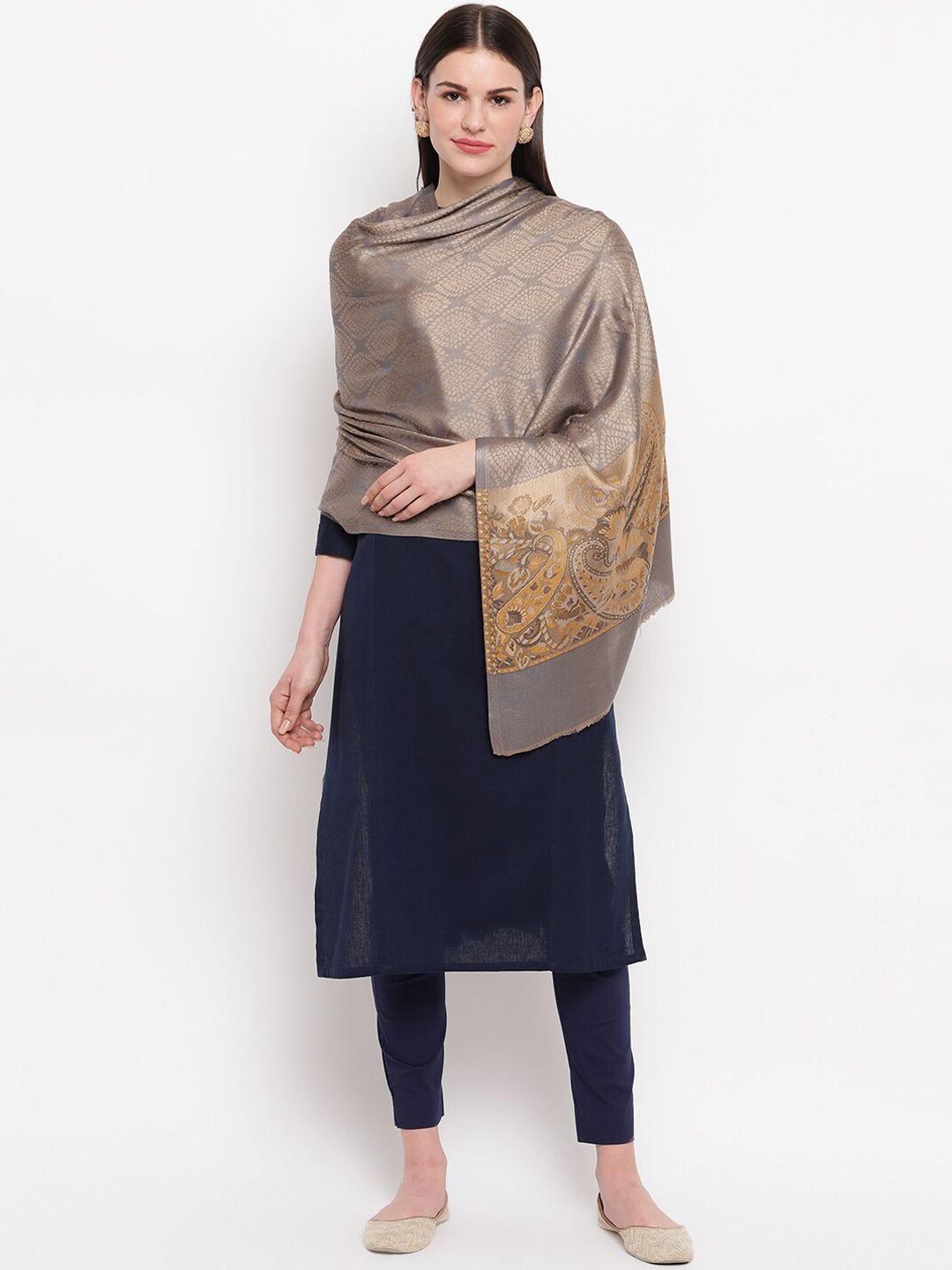 Tossido Women Brown & Gold-Coloured Ethnic Motifs Woven Design Kashmiri Stole Price in India