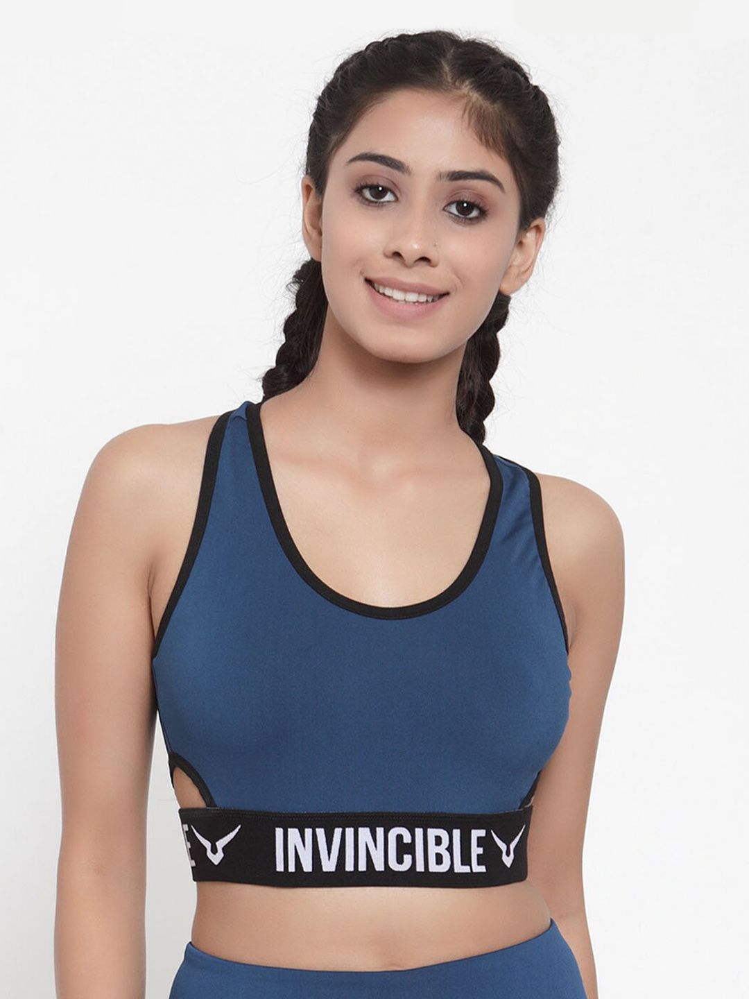 Invincible Women Blue Solid Non-Wired Removable Padding Sports Bra TE9207XP2TLM Price in India