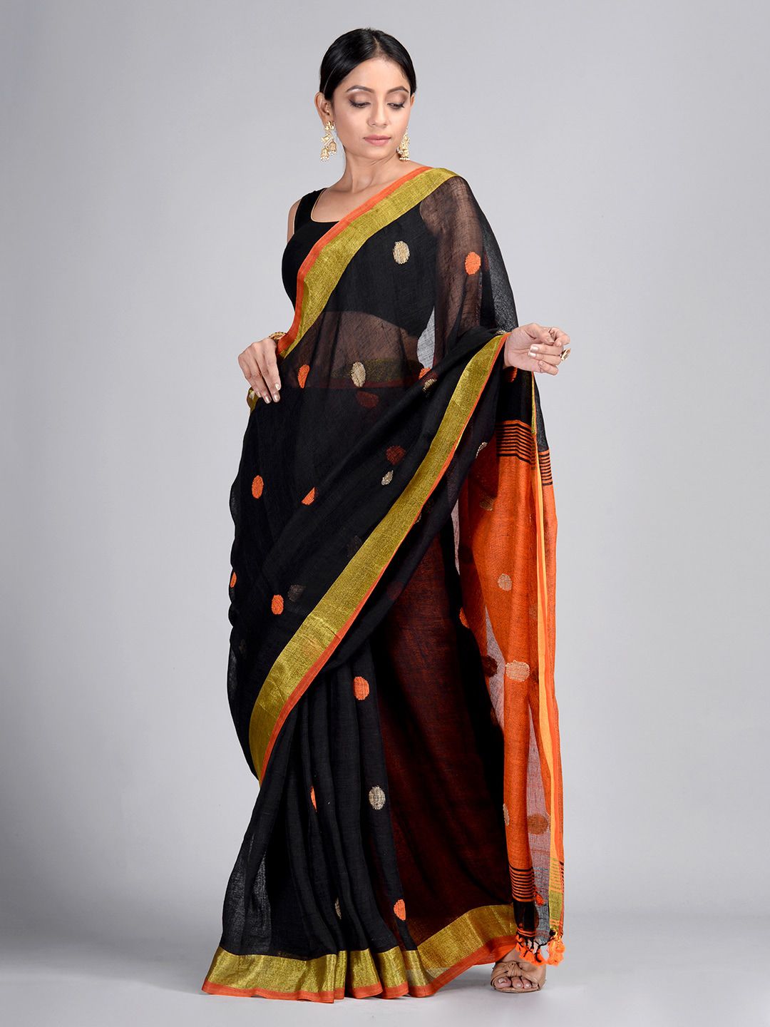 Mitera Black Pure Linen Woven Design Taant Saree Price in India