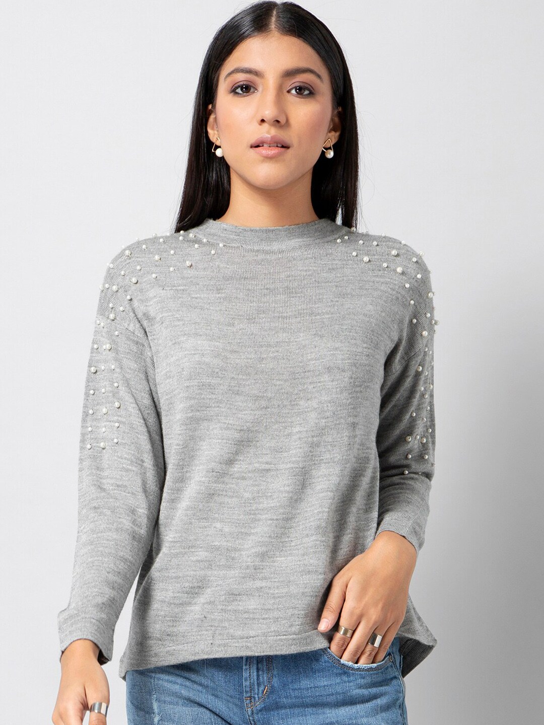 FabAlley Women Grey Embellished Pullover Price in India