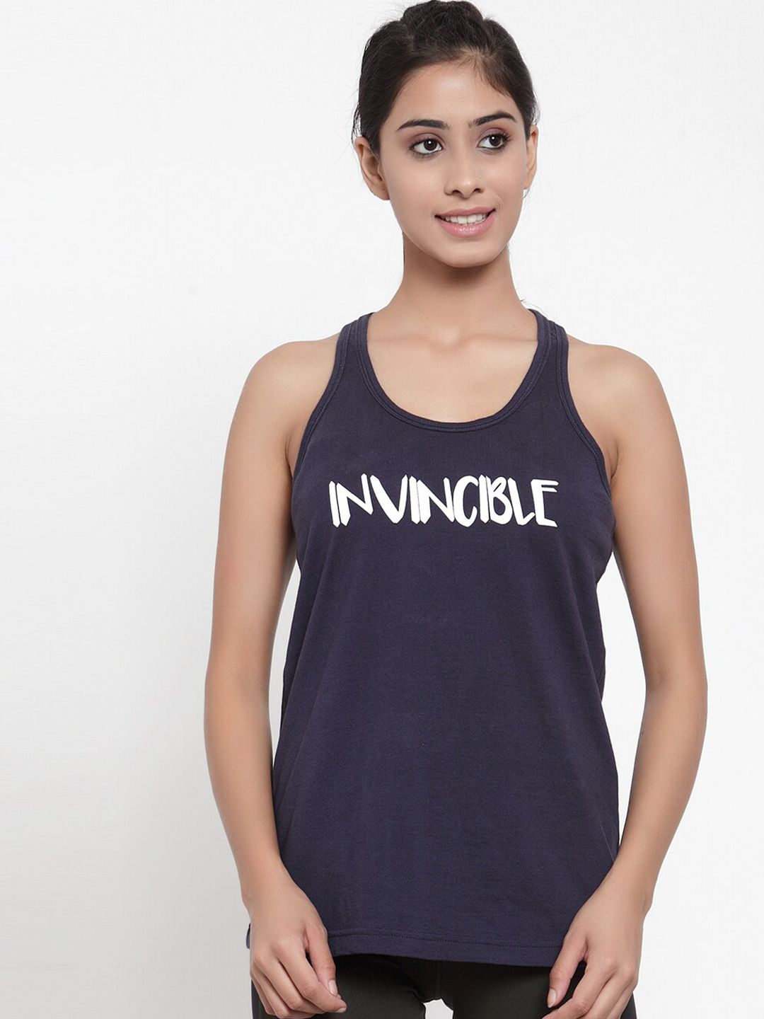 Invincible Women Navy Blue Printed Round Neck T-shirt Price in India